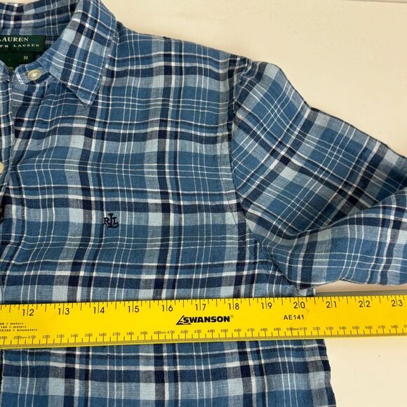 Lauren Ralph Lauren Blue Linen Plaid Shirt M - Picture 5 of 7